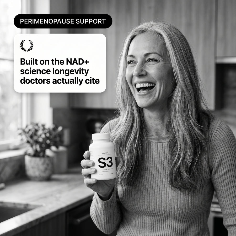 Woman 48 holding S3, warm vibrant smile, with embedded PERIMENOPAUSE SUPPORT pill + NAD+ science badge.