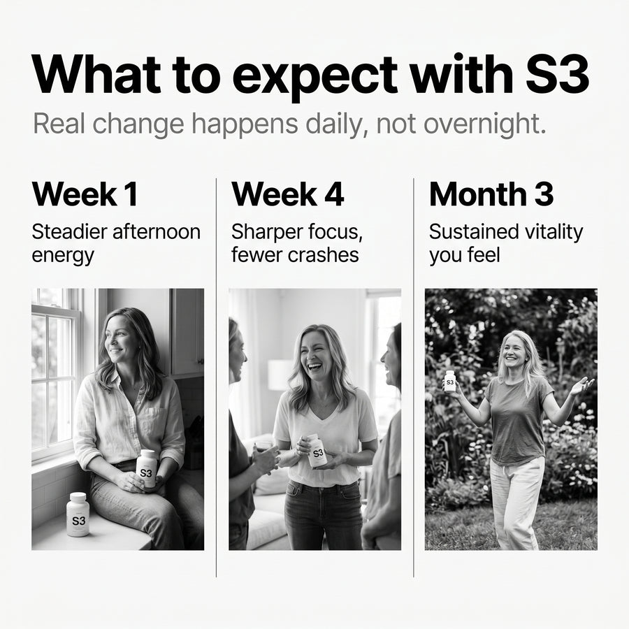 What to expect timeline, Week 1 / Week 4 / Month 3 (text in image).